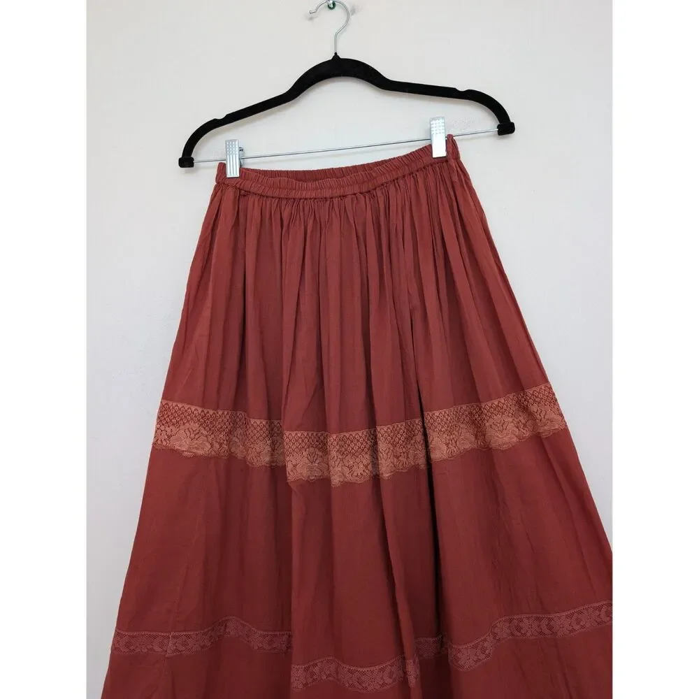 Y2K Vintage Rampage Rust Boho Lace Tiered Cotton Midi Skirt Sz M Made in India